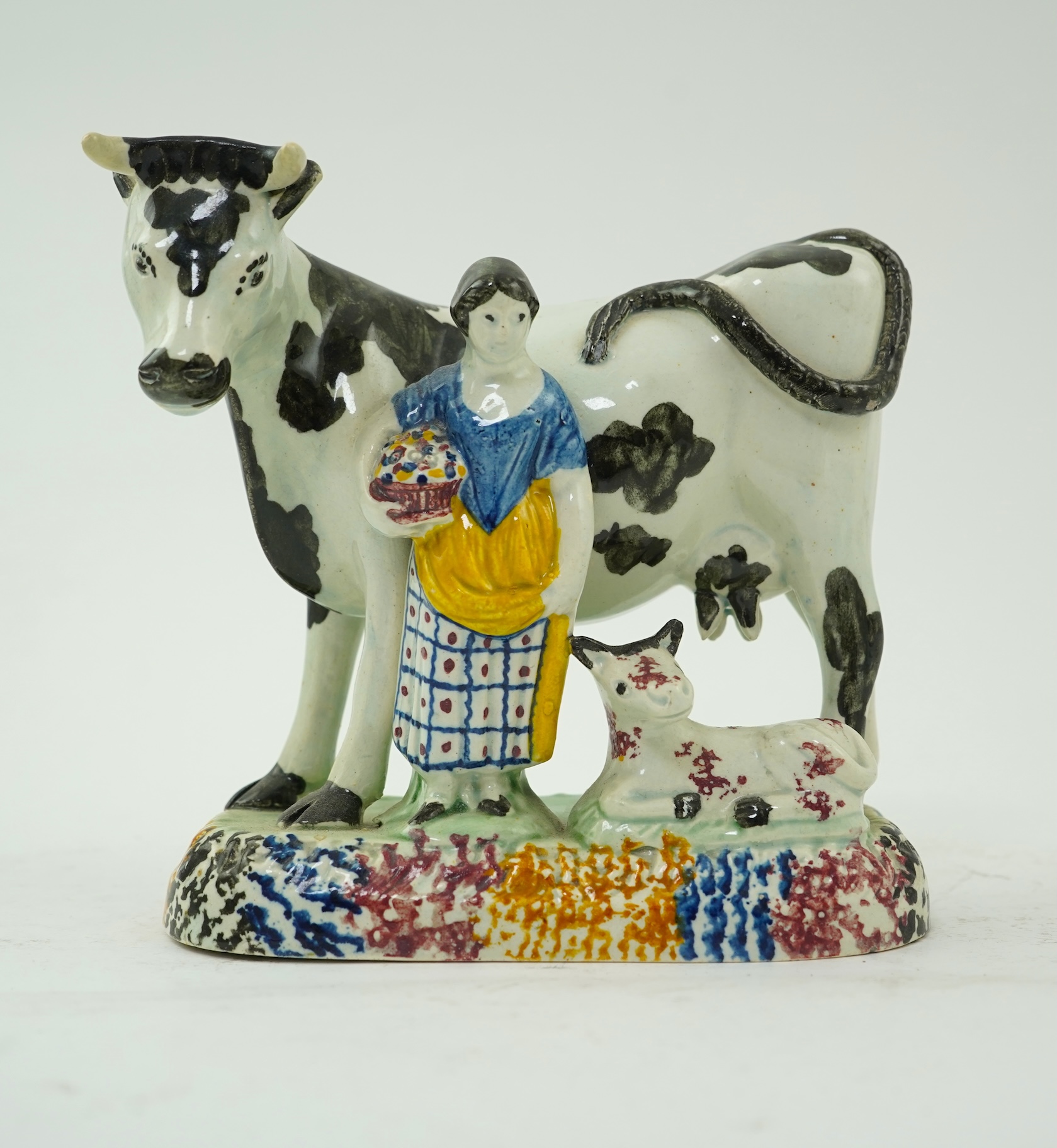 A James Emery, Mexborough pearlware cow, calf and milkmaid group, c.1820